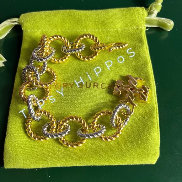 Tory Burch Gold & Silver Twist Rope Chain Bracelet With Logo Pendant In Gift Pou - Picture 4 of 12